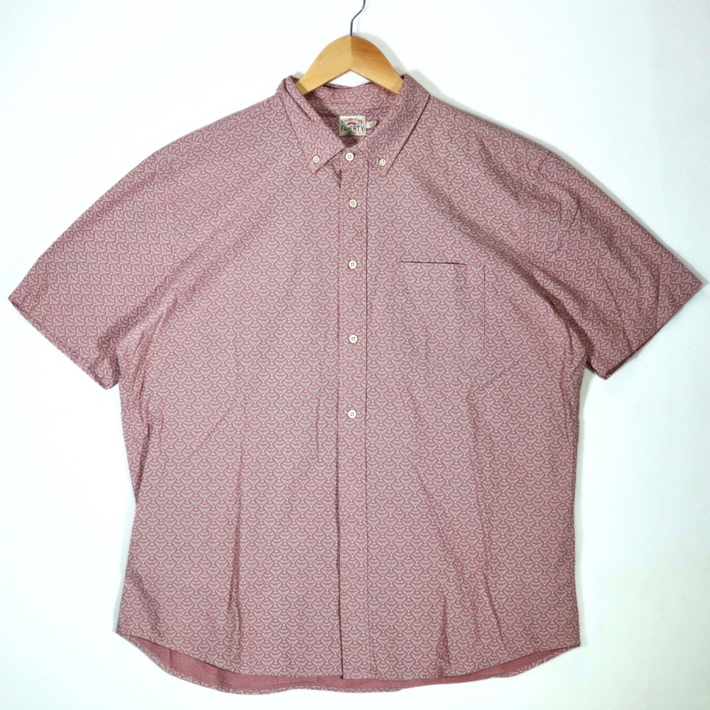 Faherty Mens XL Red Pink Geometric Stretch Shirt Casual Cotton Short Sleeve